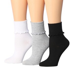 Tipi Toe Womens White/Grey/Black Solid Lettuce Edge Lightweight Crew Length With Cuff Ruffle Socks - 1 of 1