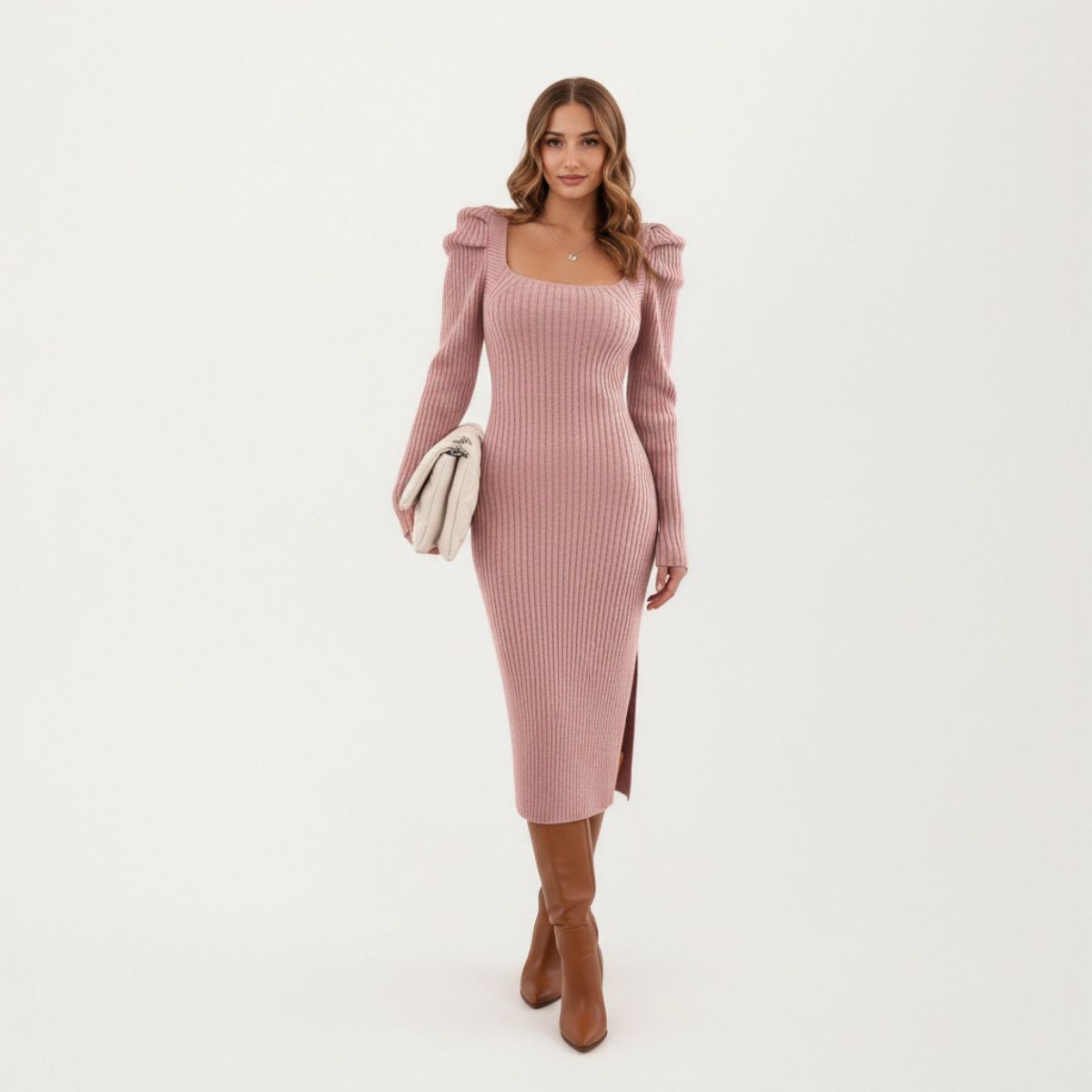 Anna-Kaci Women's Long Sleeve Ribbed Knit Bodycon Midi Dress with Puff Shoulder Detail - thumbnail 2