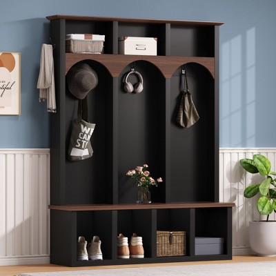 Lycvki Wooden Arched Design Hall Tree with Walnut Storage Bench and 7 Cubbies