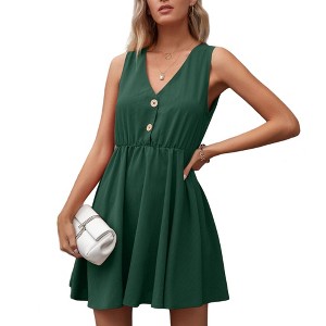 Anna-Kaci Women's Sleeveless Mini Dress with V-Neckline Front Buttons and Elastic Waist - 1 of 4