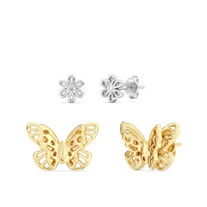 Gilded Lab Grown Diamond Accent 14KT Yellow Gold Over Sterling Silver Butterfly & Sterling Silver Flower Stud Earring Set, SI1-SI2 Clarity, F-G Color - 1 of 4