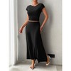 Women Two Piece Skirt Set Casual Crew Neck Short Sleeve Cropped Top Elastic Waist Swing Midi Skirts - 4 of 4