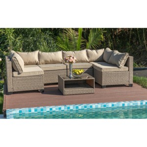 7-Piece Modular Wicker Patio Sofa Set with Coffee Table and Cushions, Outdoor Conversation Furniture for Backyard or Garden – The Pop Home - 1 of 4