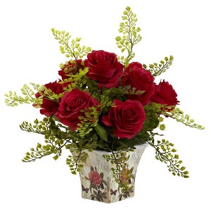 Nearly Natural Rose & Maiden Hair Floral Planter, Red - 1 of 4