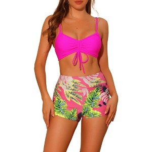 Elerevyo Women's Drawstring Push Up Top Tropical Print High Waist Shorts Swimwear Bathing Suits 2 Pcs - 1 of 4