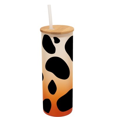 Elanze Designs Cow Animal Print Wrap-Around Design 25 Ounce Frosted Gradient Glass On-The-Go Coffee Travel Skinny Tumbler Mug Cup, Bamboo Lid and