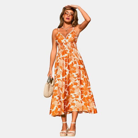 Женские платья Cupshe Women's Tropical Floral Maxi Dress with Side Slit-XL-Orange