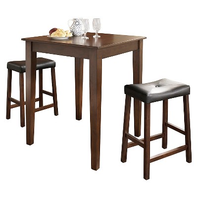 3pc Pub Dining Set with Tapered Leg and Upholstered Saddle Stools Vintage Mahogany Finish - Crosley