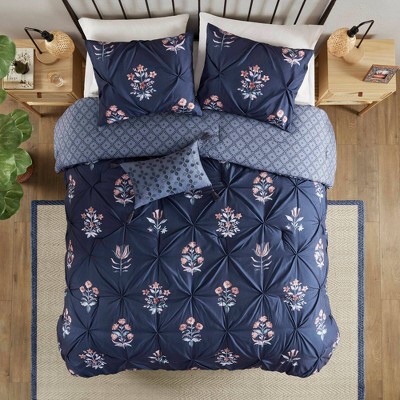 Navy Microfiber Full Bedspread Set with Floral Print