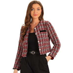 Allegra K Women's Elegant Contrast Piping Round Neck Button Front Long Sleeve Tweed Blazer - 1 of 4