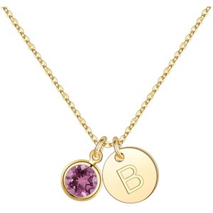 Personalized Birthstone Necklace 14K Gold Plated Initial Disc Jewelry Gift - 1 of 4