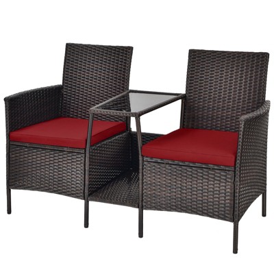 Tangkula Patio Loveseat 2 Person Cushioned Seats With Center Table Outdoor Rattan Furniture Set Turquoise/ Red