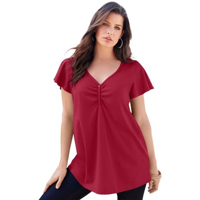 Roaman's Women's Plus Size Three-Quarter Sleeve Embellished Tunic, 38/40 -  Classic Red Beading