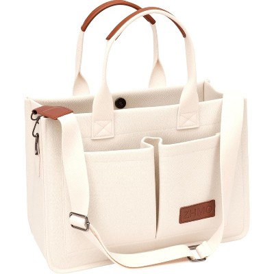 Fmeida Tote Bag for Women With Compartments,Large Canvas Tote Women's Purse Crossbody Bags Work Laptop Book Bag White 14.3 inches