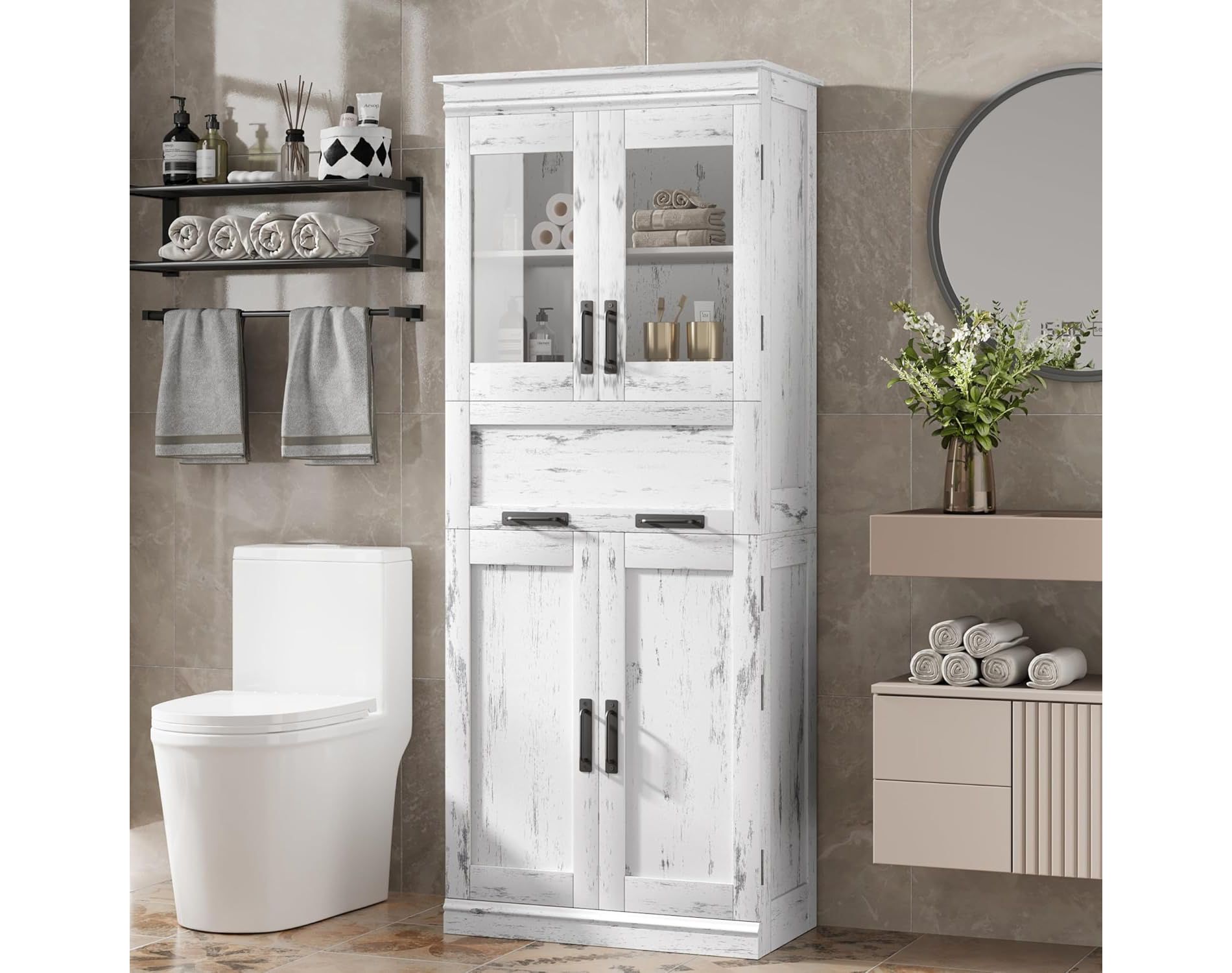 Tall Bathroom Cabinet with 4 Doors & Flip Glass Drawer, Storage Cabinet with Adjustable Shelves, Freestanding Organizer for Kitchen, Pantry, Gray