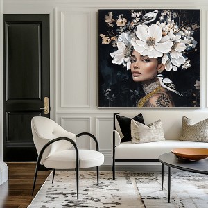 Gulches Black and White Floral Woman Canvas Wall Art - Modern Aesthetic Tattoo Portrait - 1 of 4