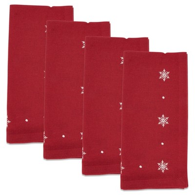 Red Cotton Winter Snowflake Embroidered Napkins (Set of 4)
