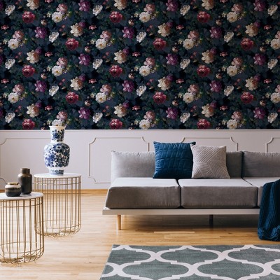 Navy Floral Wallpaper with Hand Painted Blooms, 20.5" x 396"
