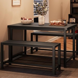 3 Piece Dining Table Set for 4 with Space-Saving Benches, Tabletop, Steel Frame, Modern Farmhouse Kitchen Table for Small Spaces - 1 of 4