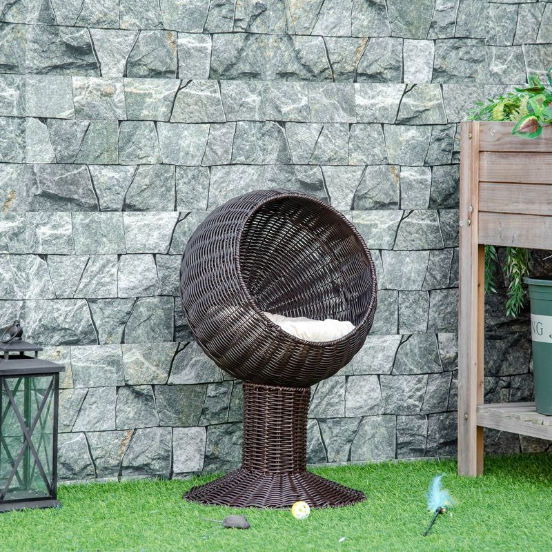 PawHut Hooded Elevated Cat Bed Rattan Kitten Condo Round with Cushion, 2 of 9