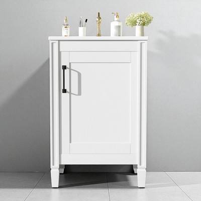 20" Bathroom Vanity with Ceramic Sink, Free-Standing Modern Vanity Cabinet with Adjustable U-Shaped Shelf and Dual Door Shelves