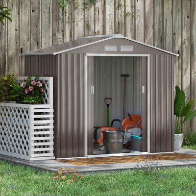 Gray Metal Outdoor Storage Shed with Vents and Sliding Doors
