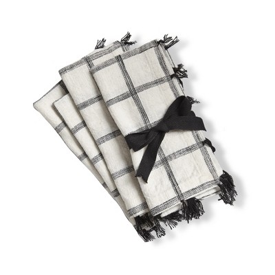 TAG Tassel Check Cotton Machine Washable Napkin Set of 4  Black Multi