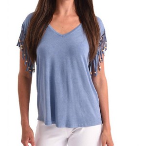 Women's Stone Wash Cut Out Fringe Beaded Sleeve Top - ANGEL - 1 of 2