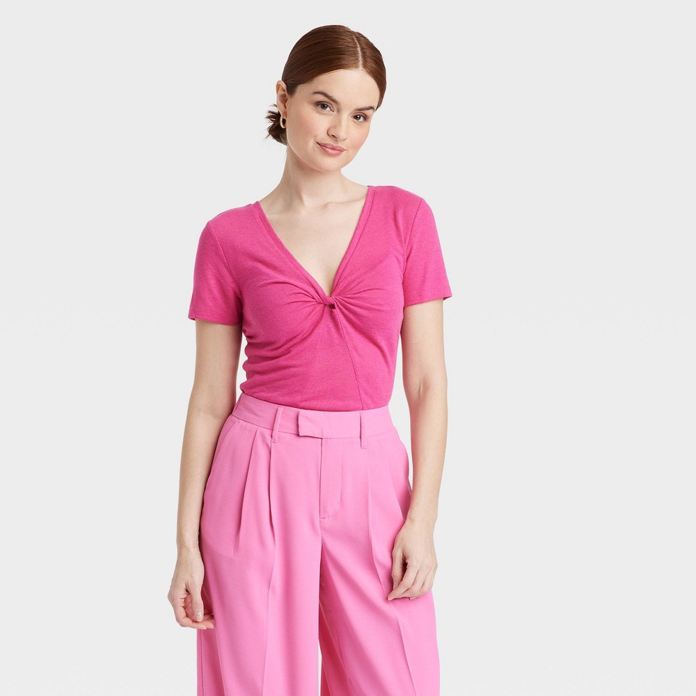 Women's Short Sleeve V-Neck Linen T-Shirt - A New Day™ Pink S