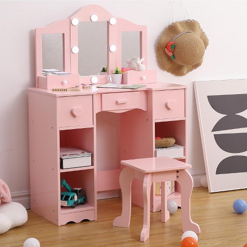 Kids Vanity Table with Chair, Girls Vanity with Tri-Folding Mirror - image 1 of 4