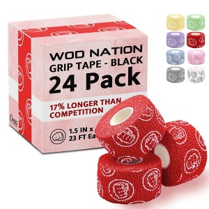 WOD Nation Bulk 24-Pack Weightlifting Hook Grip Tape, Comfortable & Stretchy Athletic Thumb Tape for Exercise (23ft/Roll)- Red - 1 of 4