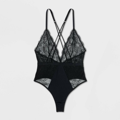 Women's Deep-v Unlined Lace Lingerie Bodysuit - Auden™ Black Xs