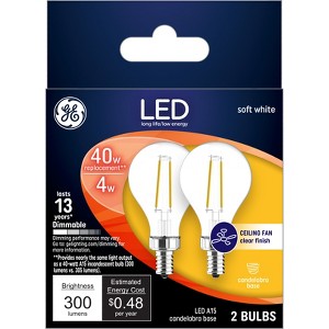 GE 2pk 40W A15 LED Ceiling Fan Light Bulbs Clear: Dimmable E12 Candelabra Base, 2700K, 300 Lumens, 13.7-Year Life - 1 of 3