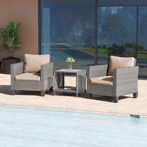 Sonkuki 3-Piece Patio Sofa Set Wicker Furniture Set Brown/Gray Rattan with Side Table - 1 of 4