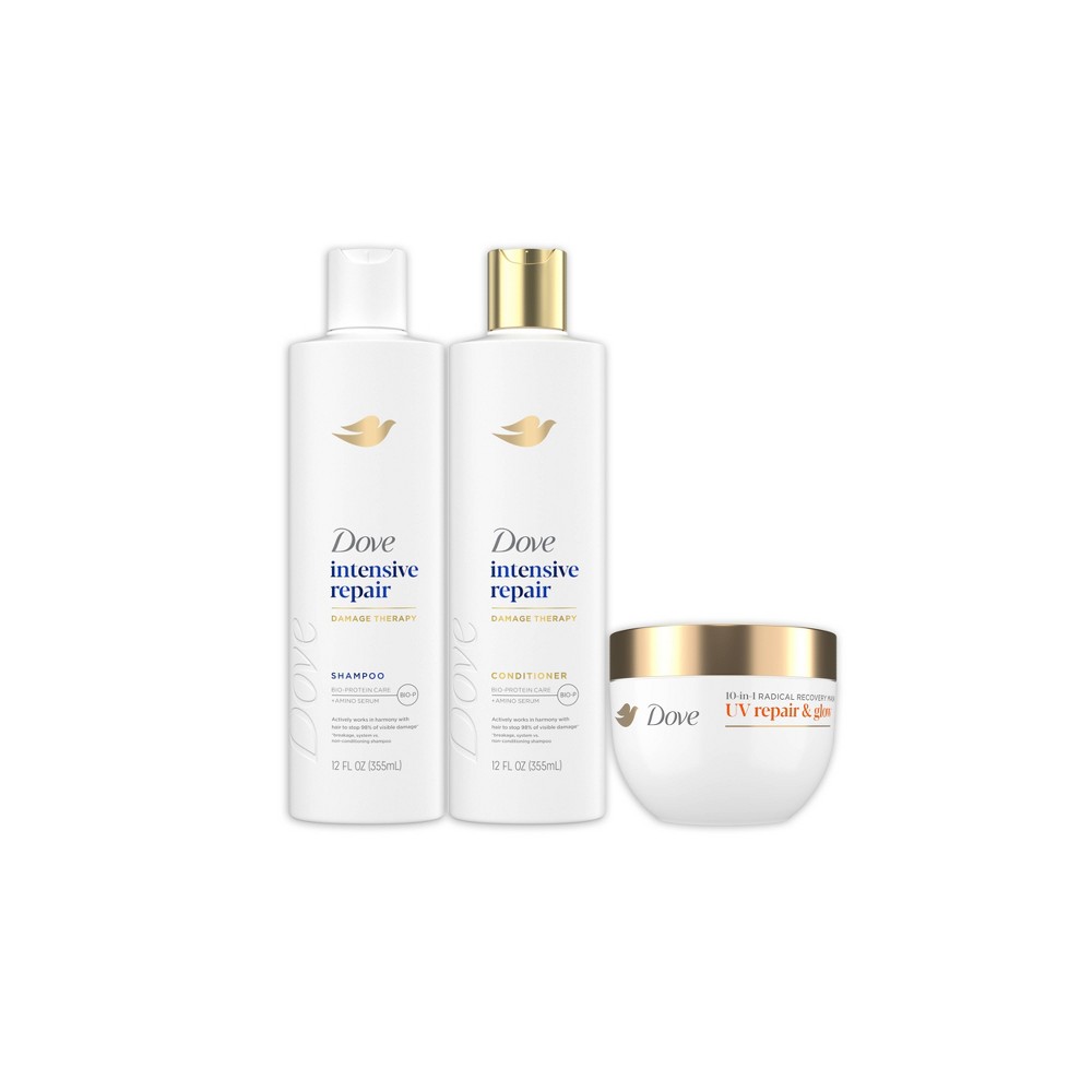 Dove Beauty UV Repair & Glow 10-in-1 Radical Recovery Mask 9.2oz + 12 fl oz/2ct Intensive Repair Shampoo & Conditioner Set for Damaged Hair