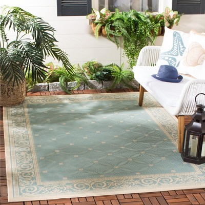 Aqua and Cream Baroque Print Rectangular Outdoor Rug