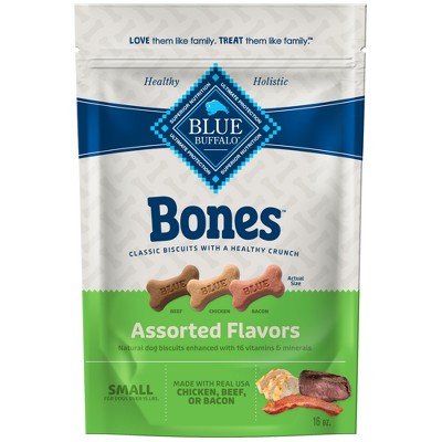 Blue Buffalo Bones Natural Crunchy Dog Treats Small Dog Biscuits with Assorted Flavors Beef, Chicken or Bacon - 16oz