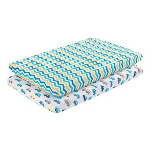 Everyday Kids 2-Pack Pack 'n Play Sheets – 100% Jersey Cotton, Blue/Gray Car & Chevron Designs, Soft Fitted Sheets for Portable or Mini Cribs - 1 of 4