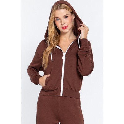 Slickblue Women's Fleece French Terry Hoodie Jacket, Zip Up with Drawstring, Long Sleeve, Sepia Color, Size S-L