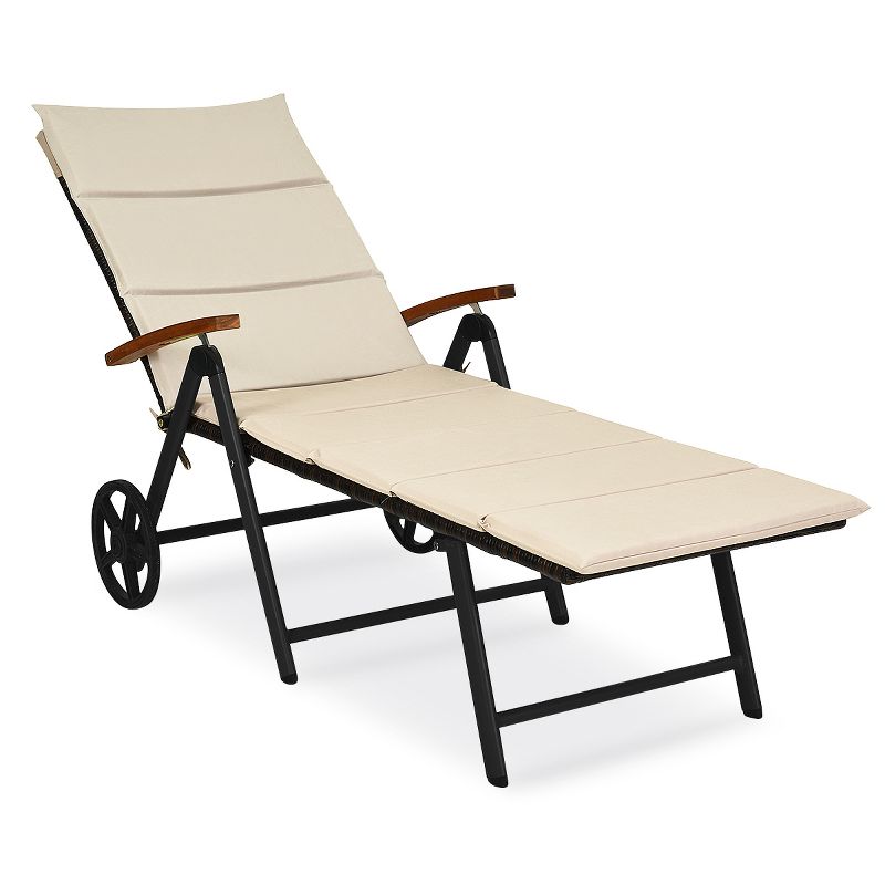 Tangkula Outdoor Rattan Wicker Lounge Chair Folding Patio Chaise w/ Wheels & Cushion, 1 of 10