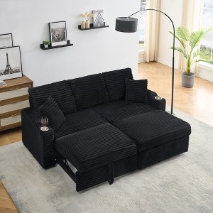 80" Corduroy Sectional Sofa with Hidden Recliner, Removable Footstool, Cup Holders & Armrests, Space-Saving Pull-Out Couch - 1 of 4