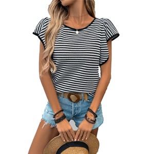 Womens Striped Knit Tops Flutter Cap Sleeve Sweater Boat Neck Color Block Tops - 1 of 4