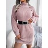 Womens Turtle Neck Sweater Dress Rib Knit Chunky Sweater with Lantern Sleeve Button Deco Ribbed Cuff Fall Sweater Mini Dress - 2 of 4
