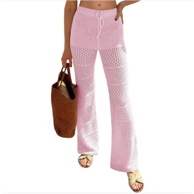 Wikineon Womens Beach Cover Up Pants Boho Crochet Knit High Waist Drawstring Sheer Hollow Swim Pant Swimwear