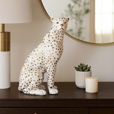 Leopard Sculpture Figurine Accent - Elegant Ceramic Animal Decorations for Living Room, Shelf, or Entryway Table Styling