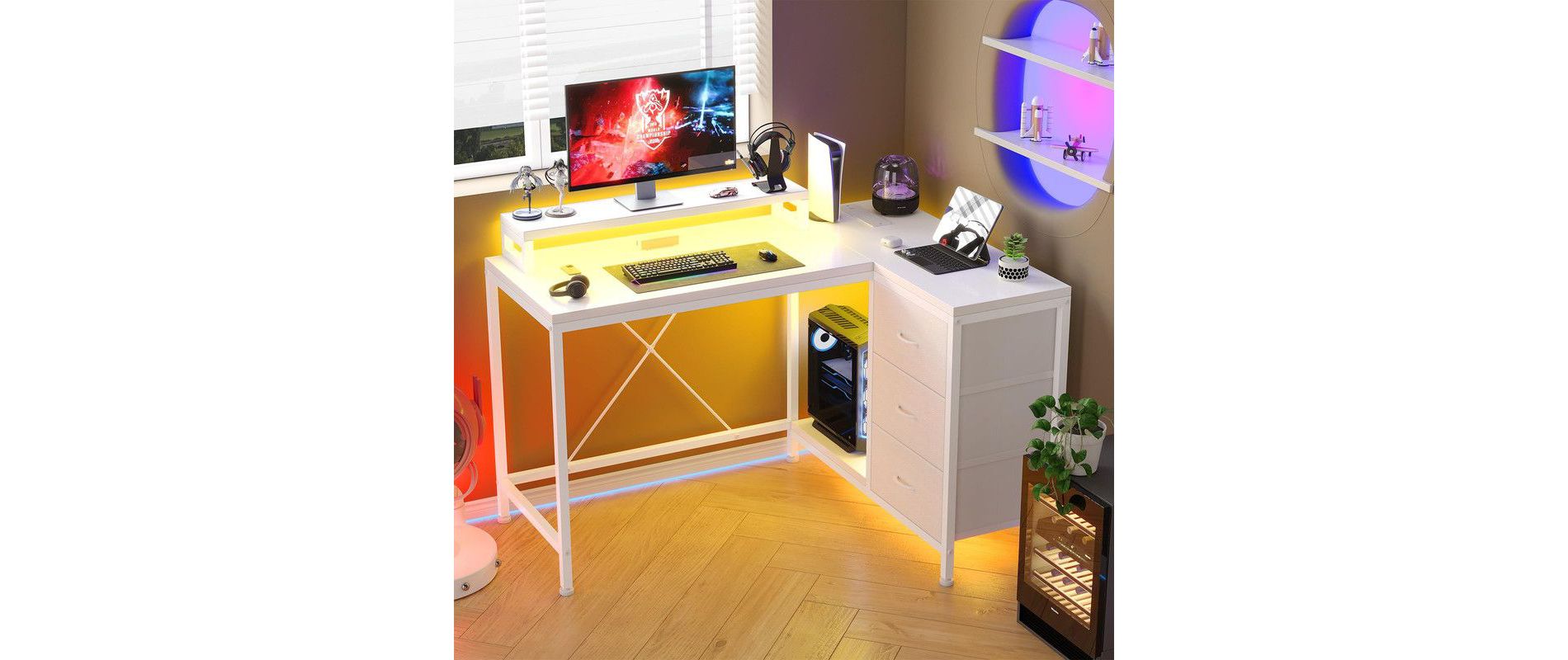 L Shaped Home Office Desk, Storage Shelves Gaming Computer Desk with Drawers & Shelves for Home Office