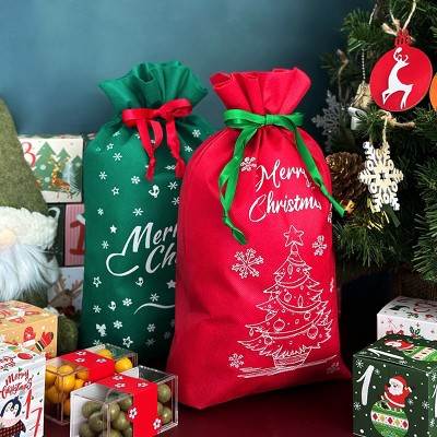 Festive Red and Green Non-Woven Christmas Drawstring Gift Bags Set