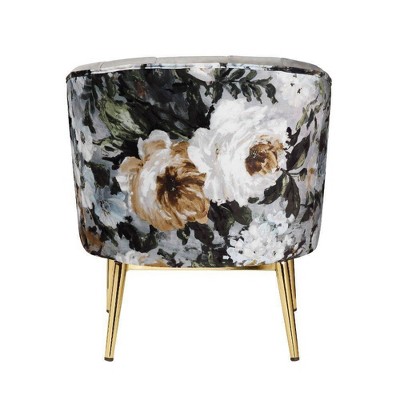 Floral Black Velvet Barrel Accent Chair with Wood Accents