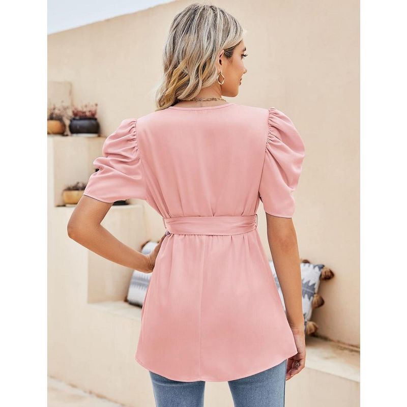 Peplum Tops for Women Dressy Sexy Deep V Neck Belted Tie Blouses Empire Waist Wrap Blouse Short Puff Sleeve, 2 of 8