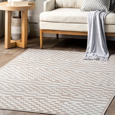 Beige and White Geometric Washable Round Area Rug